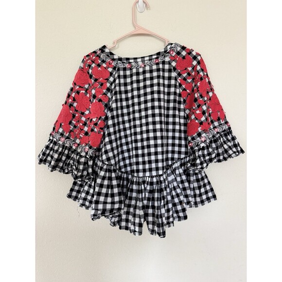 Pankaj Nidhi Anthropologie Boho Gingham Floral Top Peplum Size Small Embroidered - Picture 3 of 9